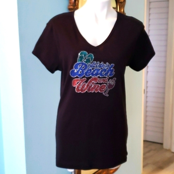 Chris' Stuff Tops - Jeweled Wine T Shirt Black
